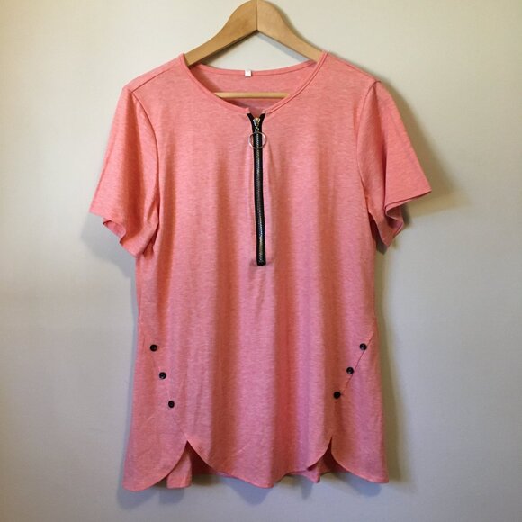 Coral Pink Womens Zipper + Button Punky Brewster Quirky Petal Hem A-line Tee XL - Picture 1 of 14